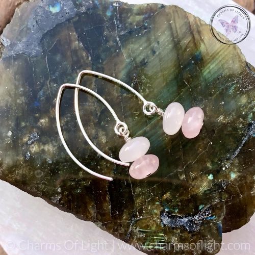 Rose Quartz Rondelle Silver Angled Earrings